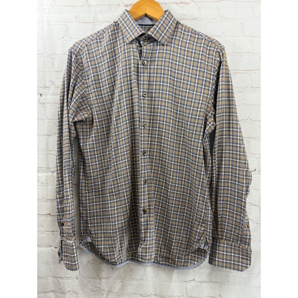 Visconti Black Shirt Mens Size Medium Khaki Blue Woven Plaid Long Sleeve Cotton